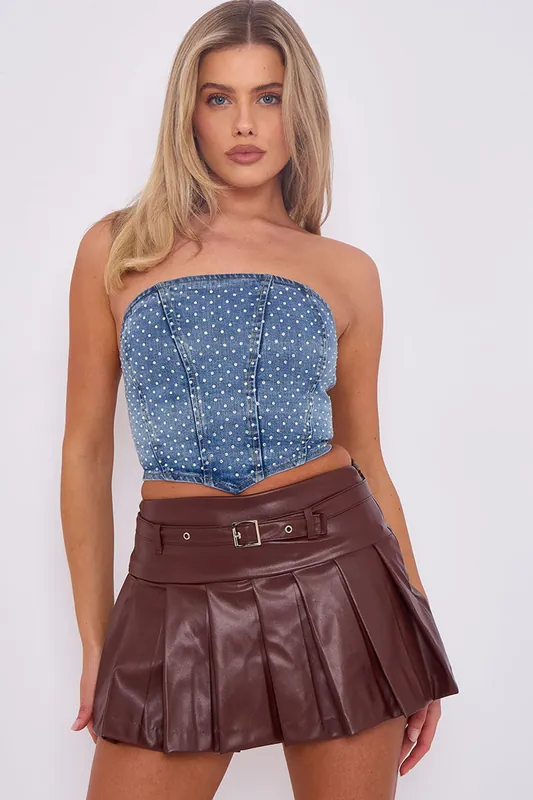 Diamante Studded Front Corset Style Bandeau Denim Crop Top - STYLEWISE
