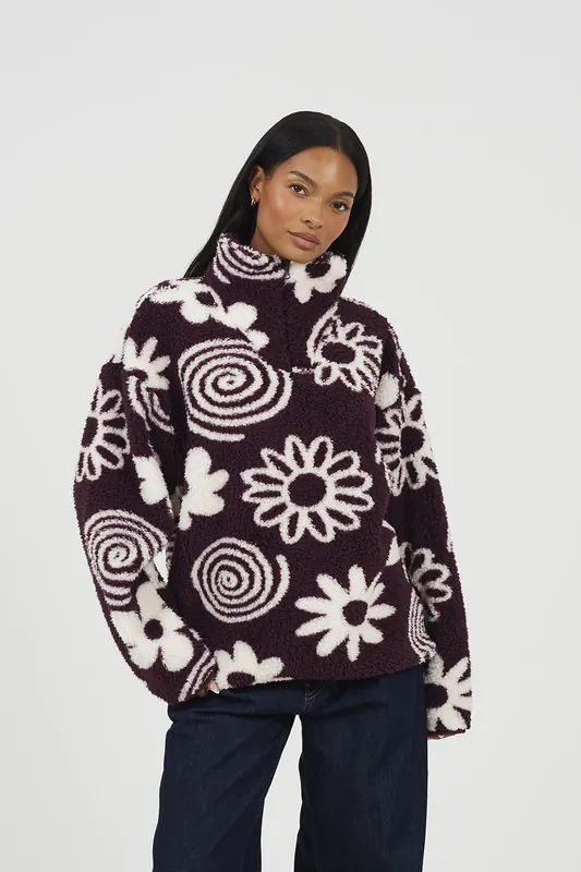 Quarter Zip Flower Print Sherpa Fleece - Brave Soul
