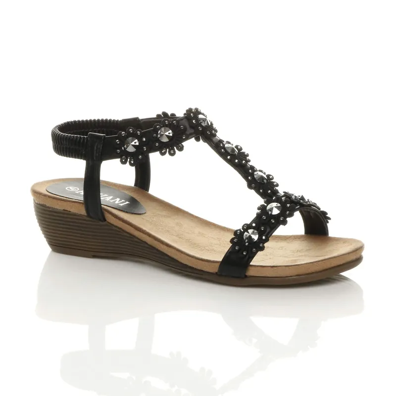 Low Wedge Heel Strappy T-Bar Flower Slingback Sandals