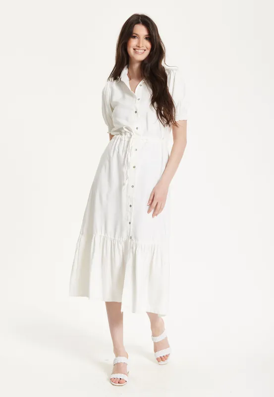 White Belted Button Midi Dress - Liquorish