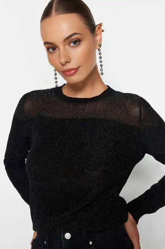 Shimmer Knit Long Sleeve Sheer Panel Sweater - WOVCOR