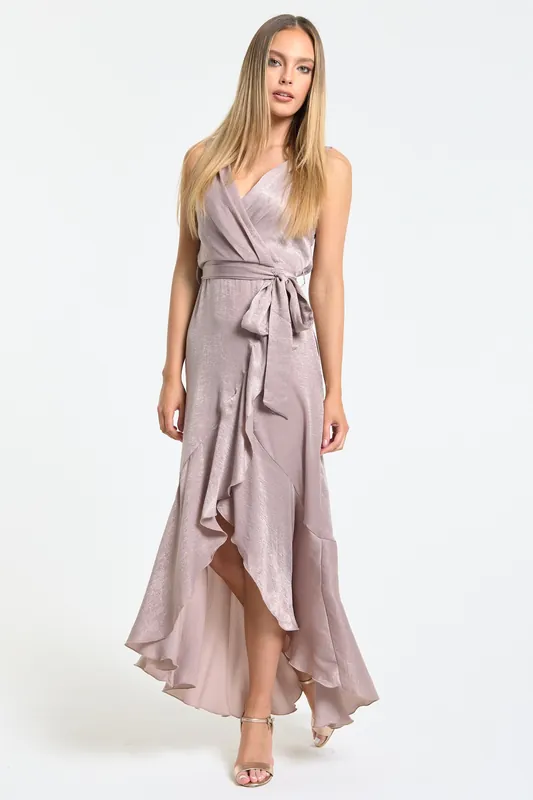 Dusty Pink Satin Wrap Maxi Dress - Liquorish