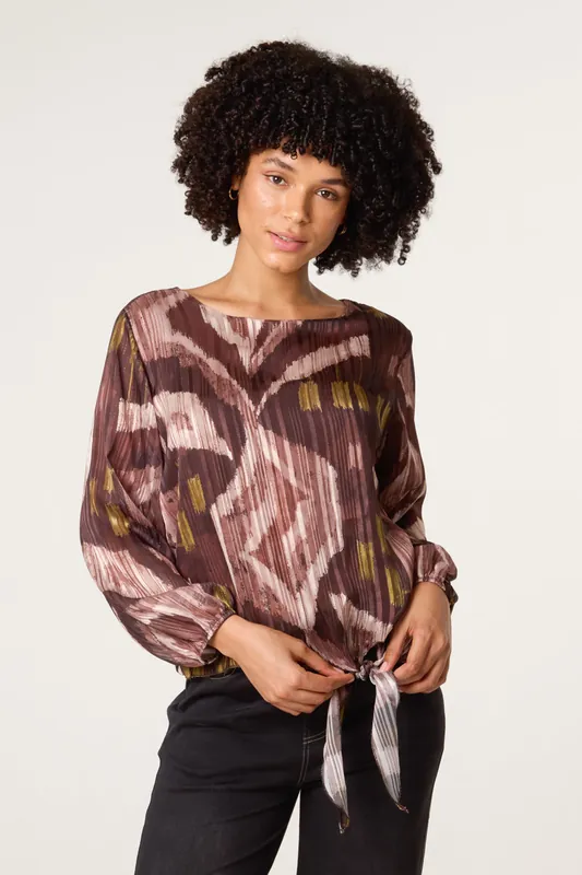 Brown Tie Knot Metallic Chiffon Blouse - Blue Vanilla