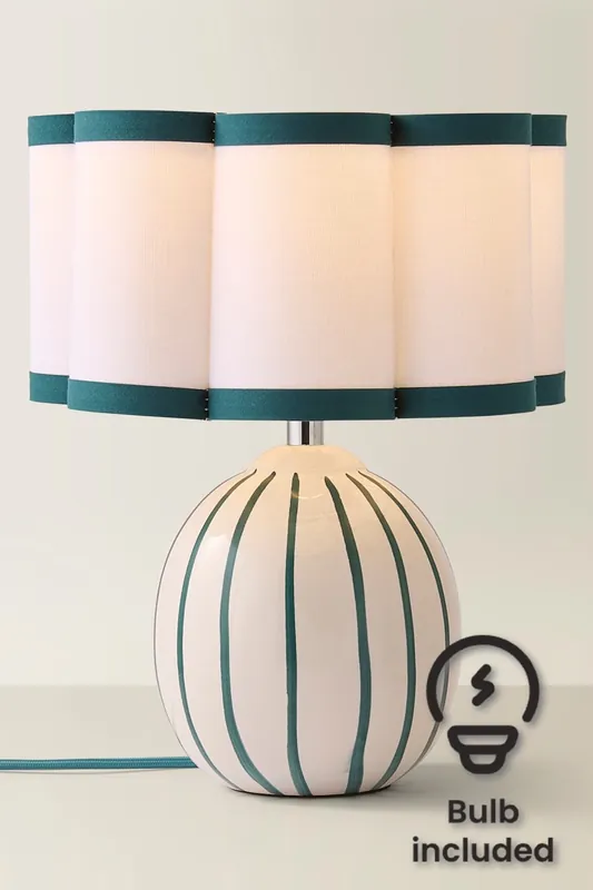 Rohan Teal Stripe Ceramic Sphere Table Lamp with Teal Trim Shade and LED Bulb - ValueLights