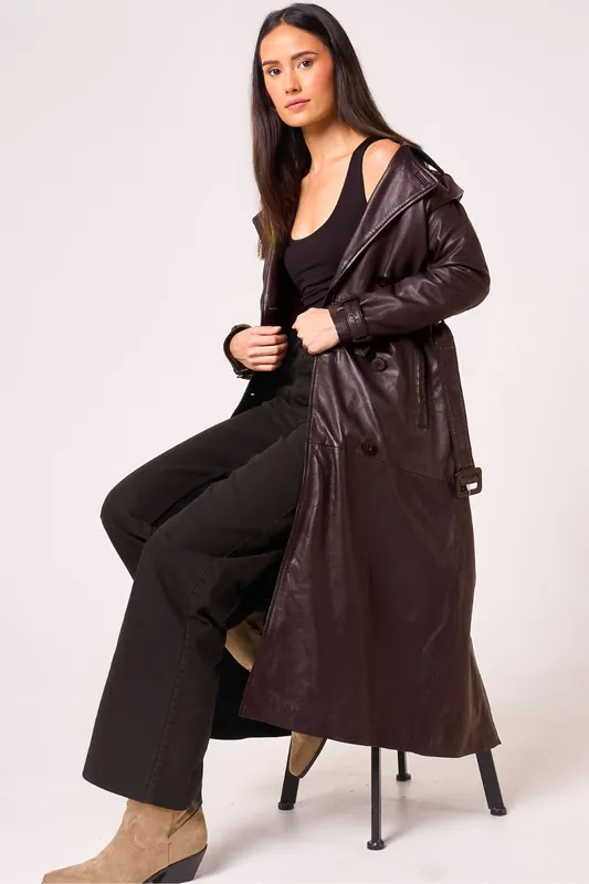 Real Leather Burgundy Trench Coat - Barneys Originals