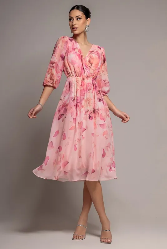 Floral Print Wrap A Line Midi Dress - Goddiva