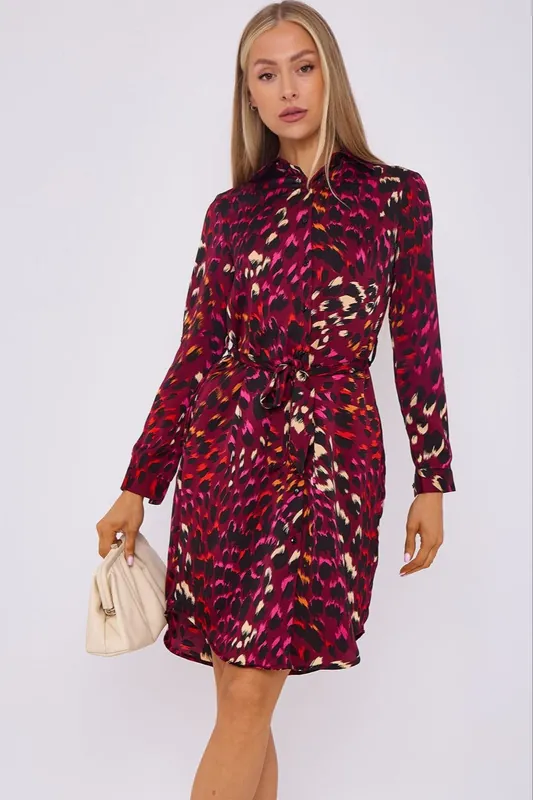 Deep Fuchsia Leopard Print Bubble Satin Mini Shirt Dress - Love Sunshine