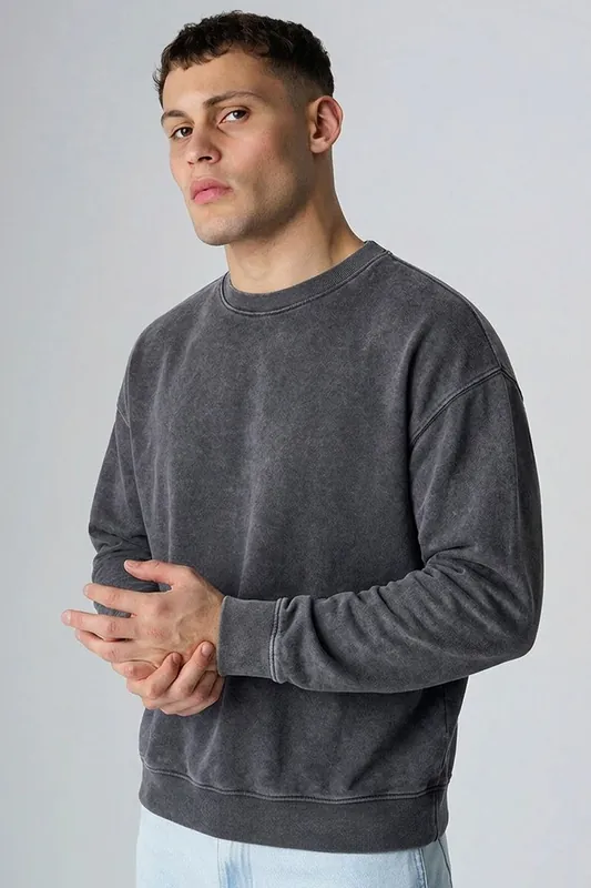 Cotton Blend Acid Wash Crew Neck Long Sleeve Sweatshirt - Influence
