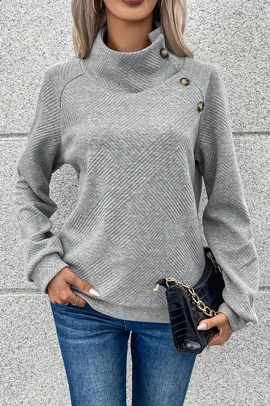 Gray Asymmetric Buttons Detail High Neck Textured Sweatshirt - Everyday The Label