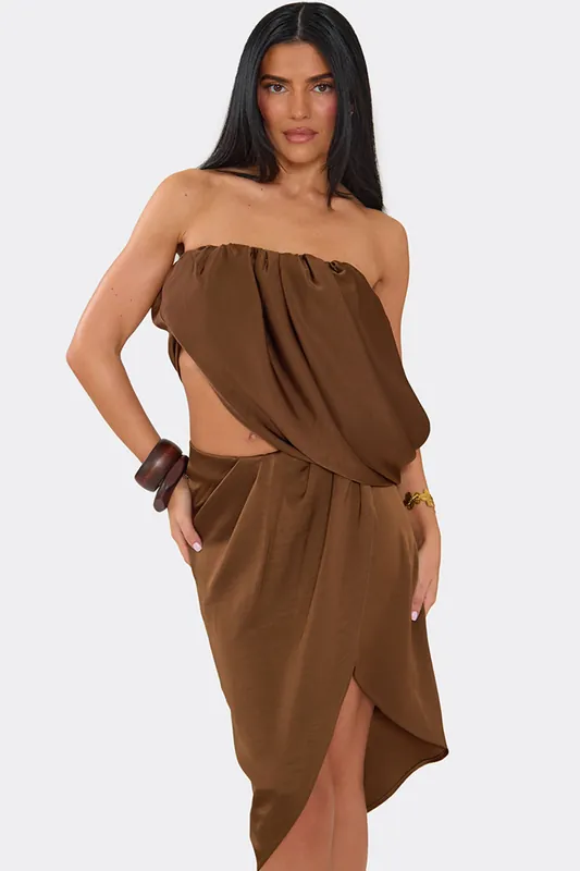 Asymmetric Sleeveless Bandeau Ruched Satin Midi Top - EGO