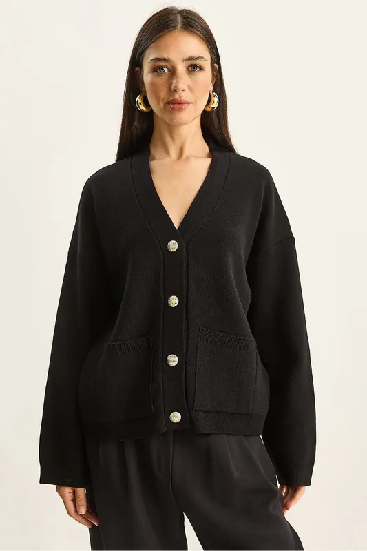 Thick Ribbed V-neck Cardigan with Button Closure