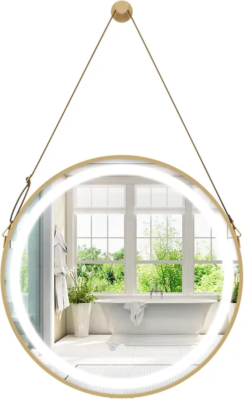 60 x 60 CM Bathroom Wall Mirror With Hanging Strap 3 Colors LED Light - Gymax