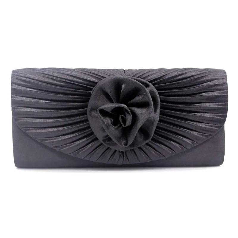 Pleated Satin Rose Detail Evening Clutch Handbag - Kitise