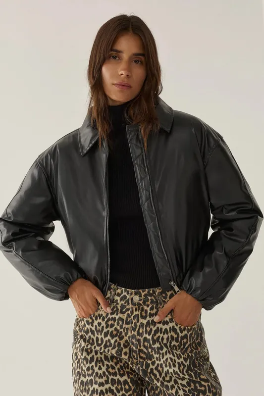 Faux Leather Bomber Puffer Jacket - Hiccup