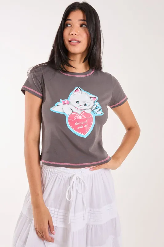 Kitten Print Baby Tee - Pink Vanilla