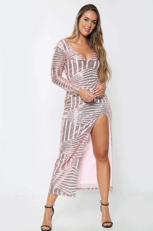 Rose Gold Glitter Sequin Maxi Dress With Long Sleeves And Front Split - AVINCI