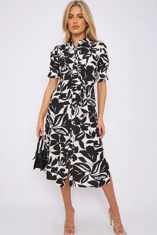 Black Floral Print Baloon Sleeve Knot Waist Midi Dress - Love Sunshine