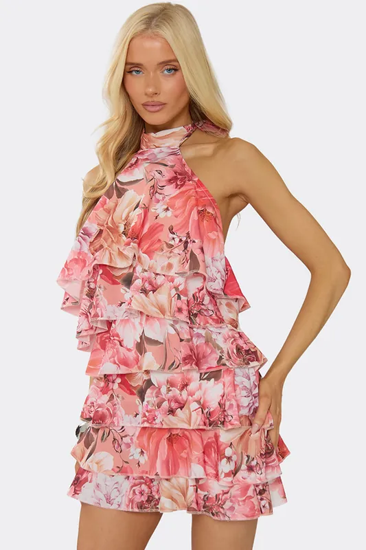 Sleeveless Tiered Floral Mini Dress - EGO