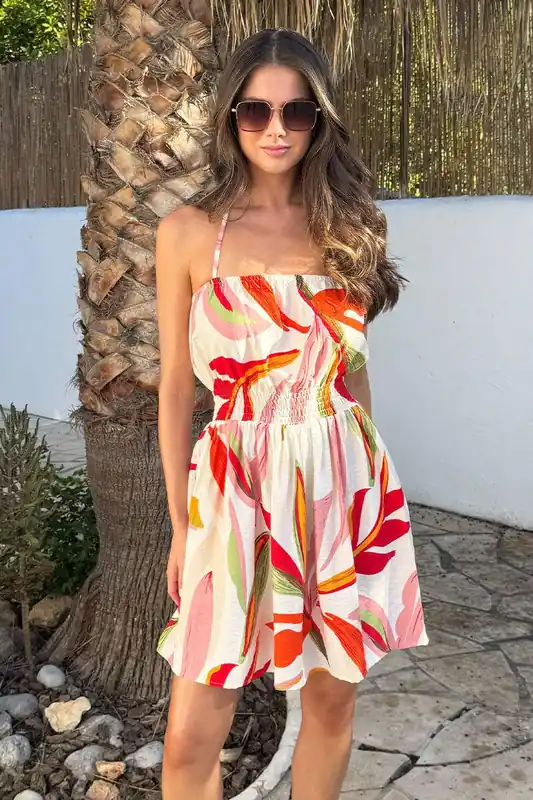Multi Leaf Print Tie Neck Mini Dress - AX Paris