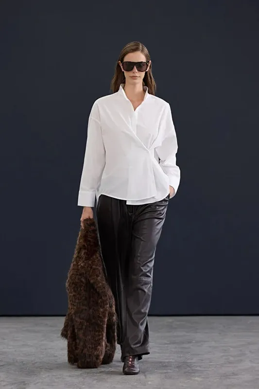 Asymmetric Cotton Poplin Long Sleeve Shirt - WOVCOR