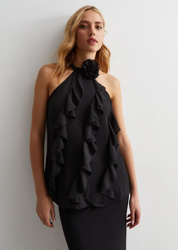 Black Ruffle Detail Halter Neck Top - Gini London