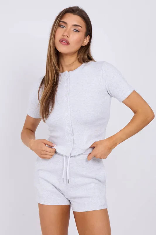 Ribbed Button-Through Short Sleeve Top and Shorts Co-ord