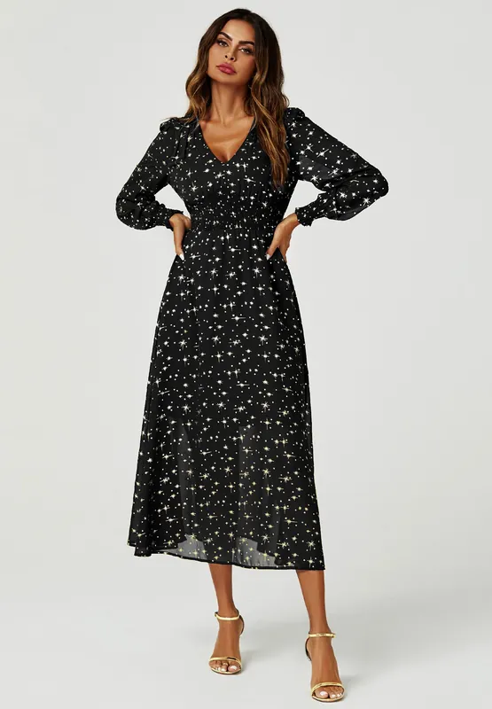 Gold Star Foil V-Neckline Long Sleeve Maxi Dress In Black