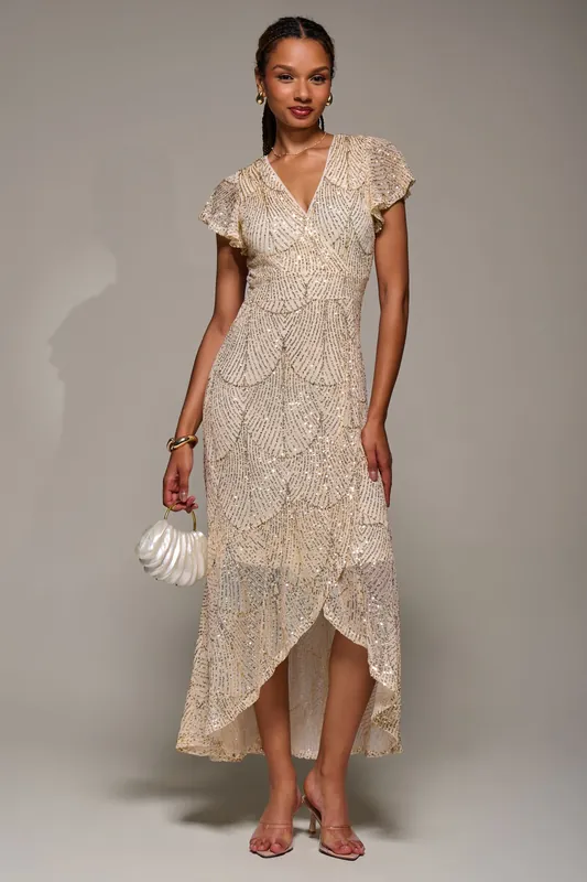 Frill Short Sleeve Sequin Maxi Dress - Jolie Moi