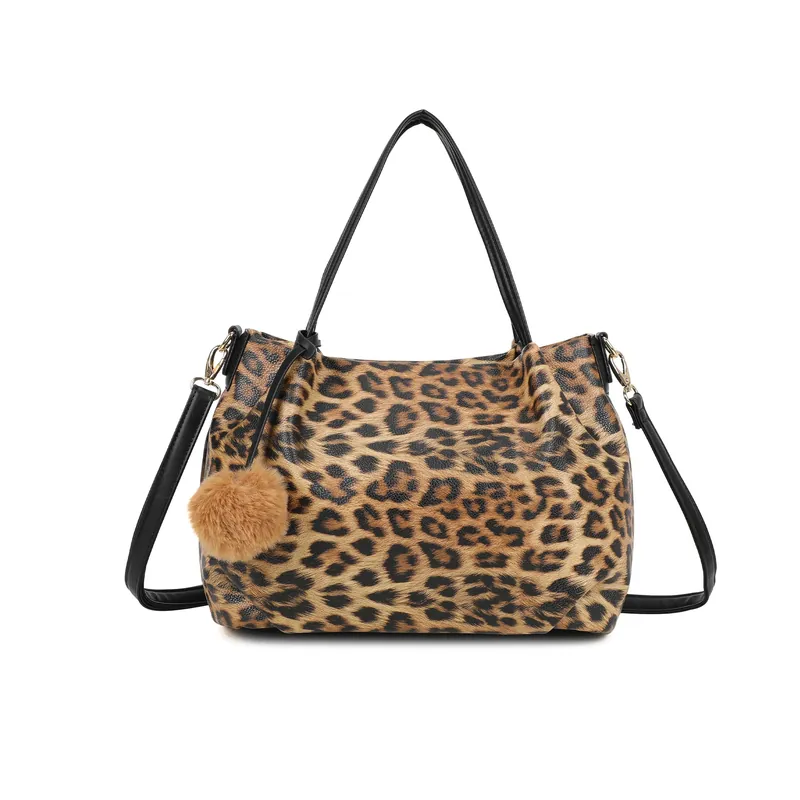 Slouchy Leopard Print Pom Pom Charm Tote Shoulder Bag - Kitise