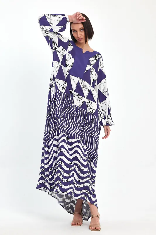 Abstract Print Maxi Dress with Long Sleeves in Purple - Belissh