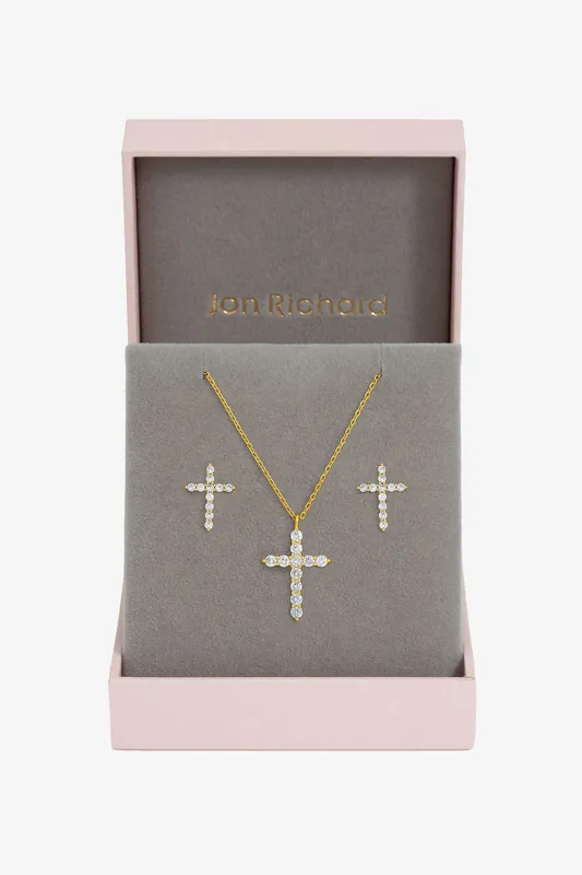 Gold Plated Cubic Zirconia Cross Set - Gift Box