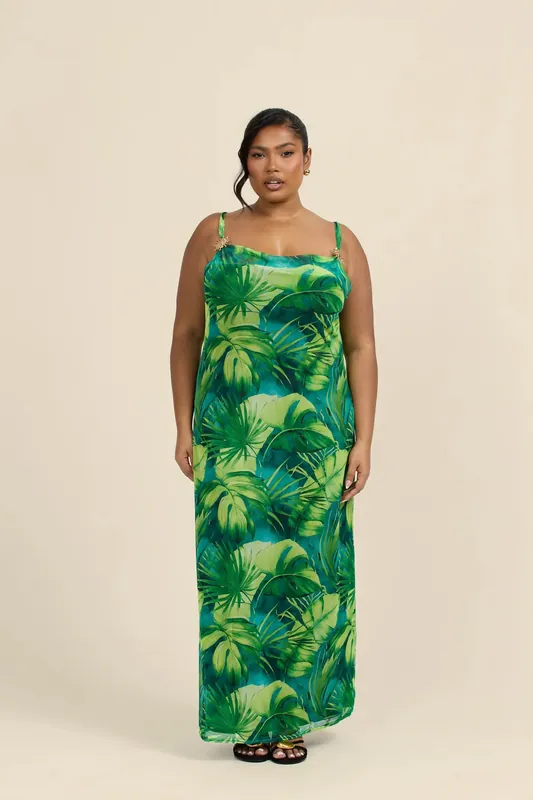 Curve Palm Print Gold Trim Maxi Dress - FASHION-SZN