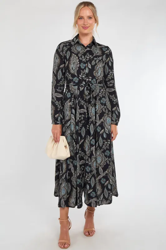 Black and Teal Vintage Floral Print Maxi Shirt Dress - Love Sunshine