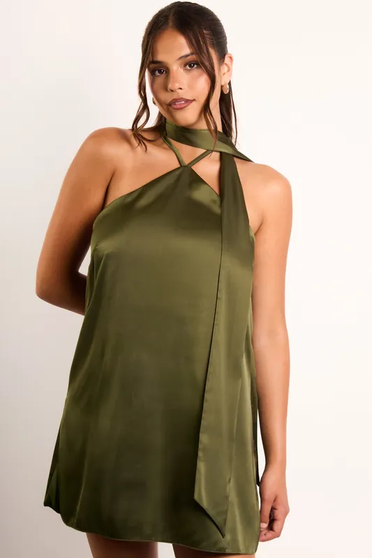 Kiska Olive Satin Tie Neck Mini Dress - Jaded Rose