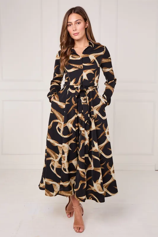 Black and Gold Swirl Print Maxi Shirt Dress - Love Sunshine