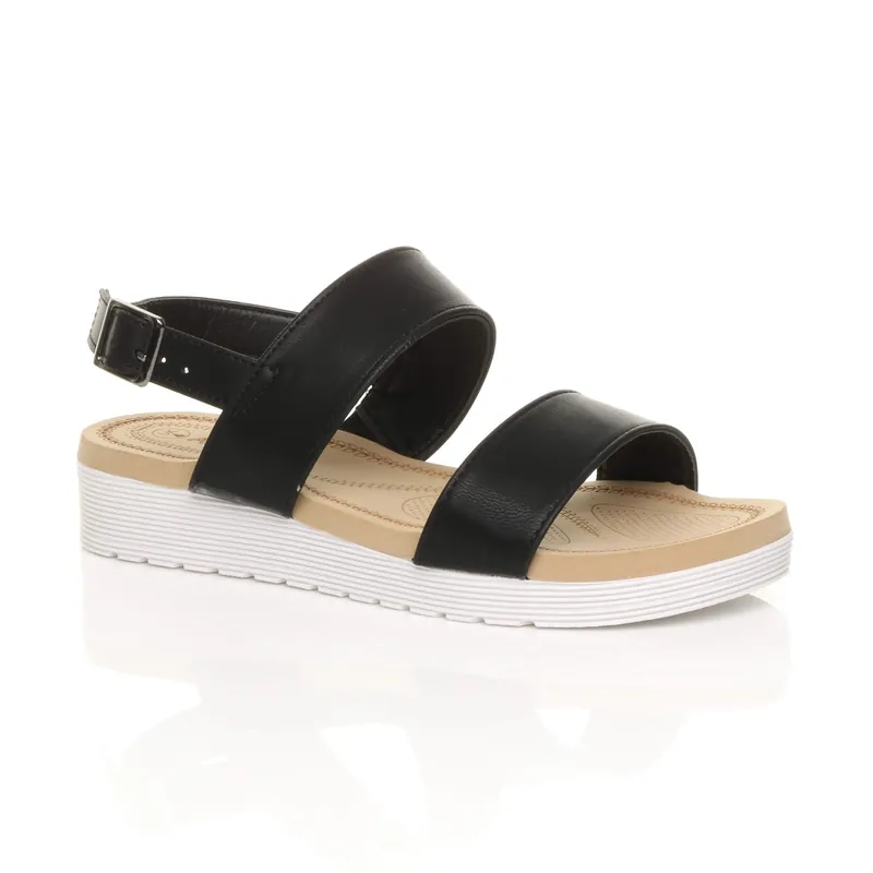 Low Wedge Heel Strappy Faux Leather Flatforms - AJVANI
