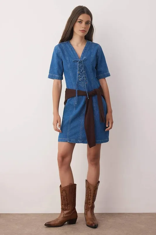Lace-Up Eyelet Detail Mini Denim Dress