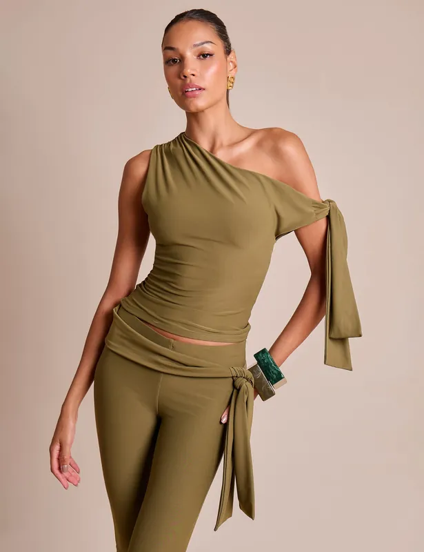 Knot Detail Asymmetric One Shoulder Luxe Slinky Top Khaki - Public Desire