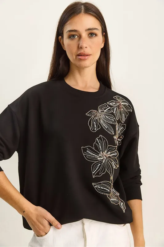 Embroidered Crew Neck Sweatshirt - Bianco Lucci