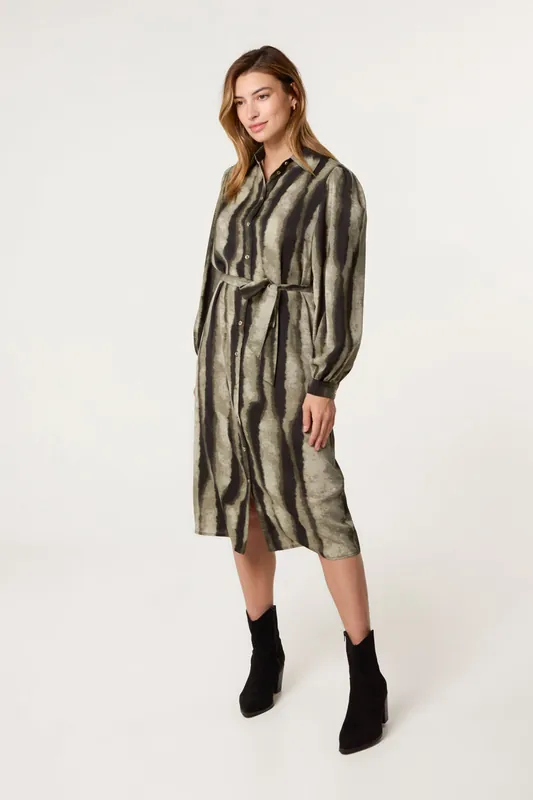 Khaki Printed Puff Sleeve Button Through Midi Dress - Blue Vanilla