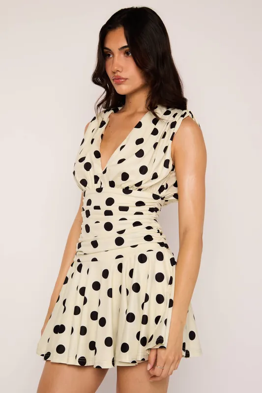 Guilina White and Black Polka Dot Plunge Flounce Mini Dress - Jaded Rose
