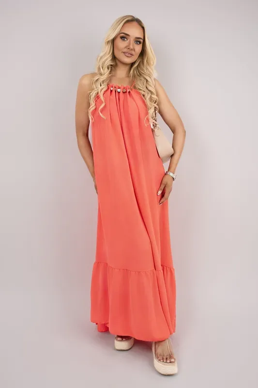 Sarai Sleeveless Beaded Halter Neck Maxi Dress With Tiered Hem - IKRUSH