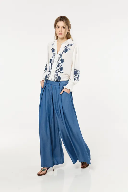 Dark Blue Denim Wide Leg Palazzo Trousers - Liquorish
