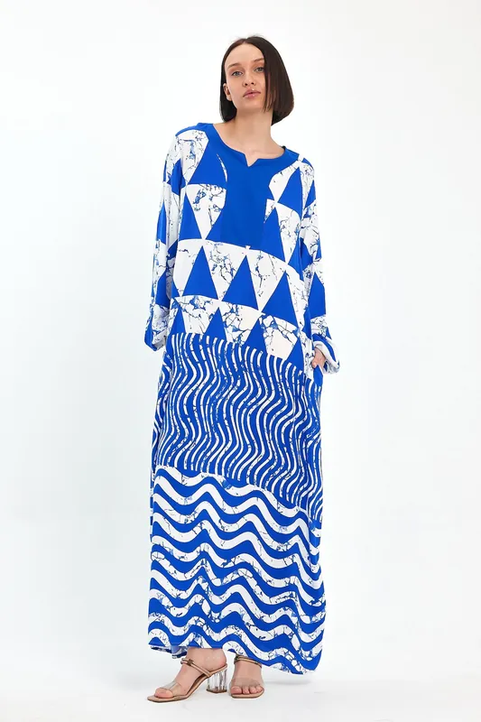 Abstract Print Maxi Dress with Long Sleeves in Blue - Belissh