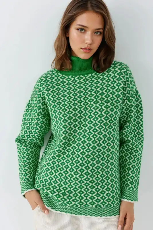 Long Turtleneck Geometric Pattern Ribbed Sweater - MyFashion
