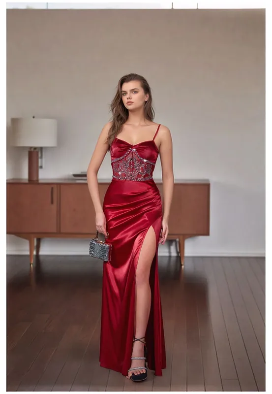 Red Satin Embellished Maxi Dress - Divine Grace