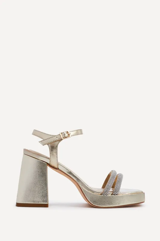 Xandra Gold Faux Leather Diamante Platform Heels - Linzi