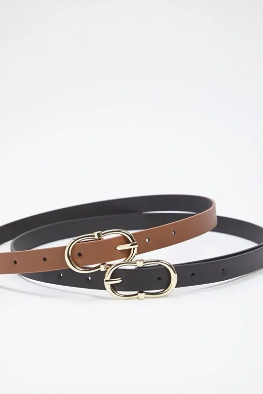 Double Pack Gold Oval Buckle Slim Faux Leather Belt - WOVCOR