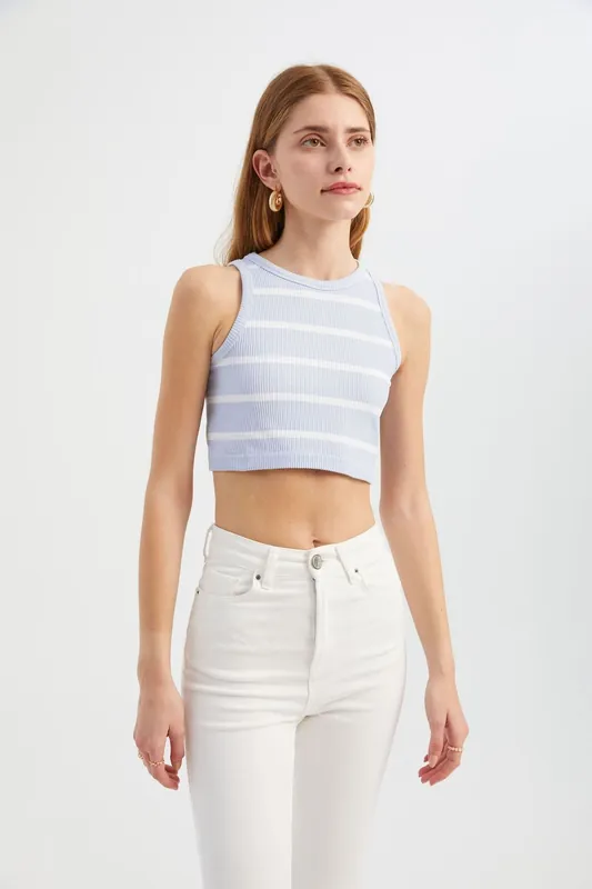 Striped Crew Neck Crop Top - Hiccup