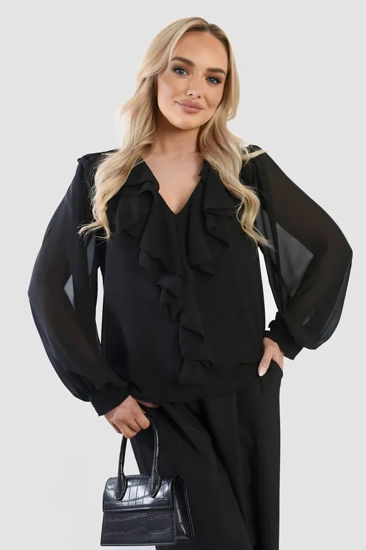 Leyla Ruffle Trim Front Long Sleeve Top - IKRUSH